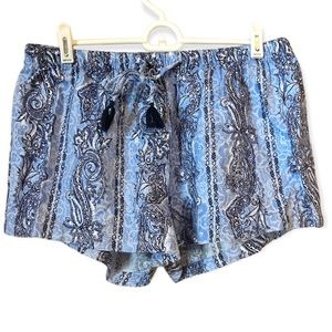 LUCKY BRAND Blue Lounge Flannel Drawstring Shorts LARGE Womens Tassel Paisley